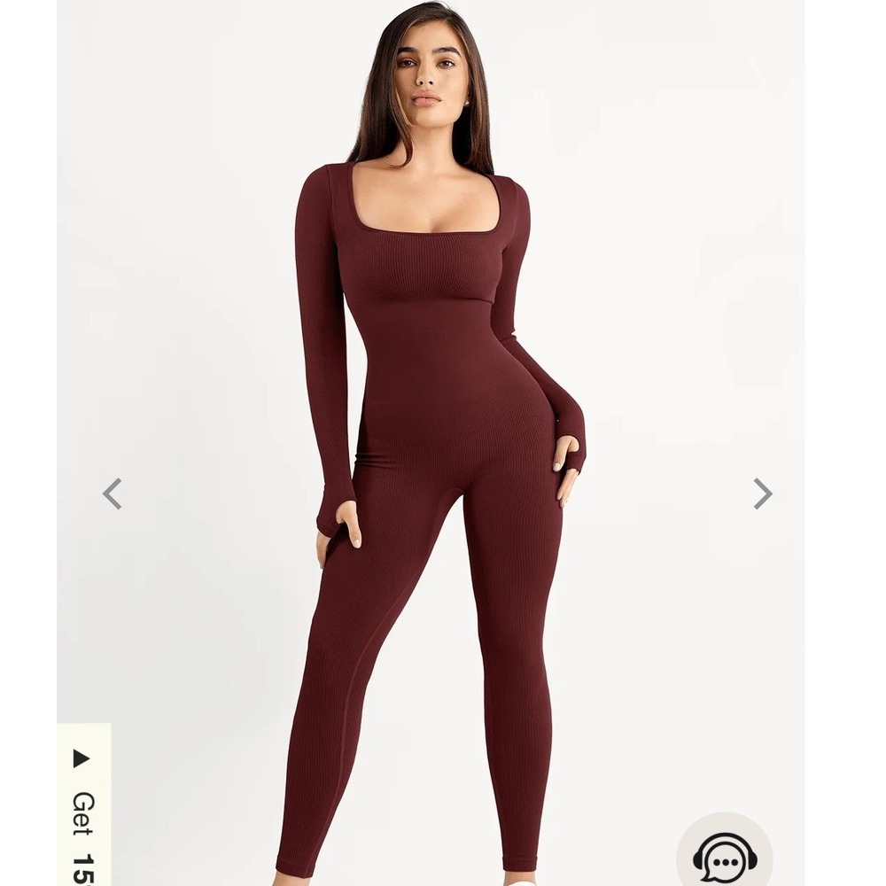 NWT Shapewear Seamless Thumb Hole Long Sleeve Jumpsuit Size Lg red/brown
